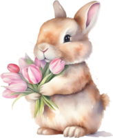 ai généré mignonne lapin avec une bouquet de fleurs. png