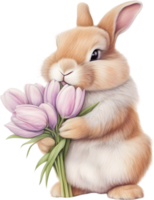 ai généré mignonne lapin avec une bouquet de fleurs. png