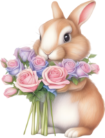 ai généré mignonne lapin avec une bouquet de fleurs. png