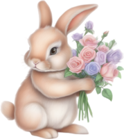 ai généré mignonne lapin avec une bouquet de fleurs. png