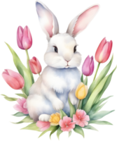 ai généré mignonne lapin avec une bouquet de fleurs. png