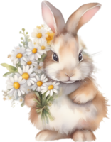 ai généré mignonne lapin avec une bouquet de fleurs. png