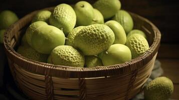 AI generated Basket showcasing a collection of crisp and green melons photo