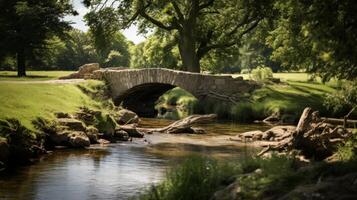 AI generated Riverbank with rustic bridge and green trees photo