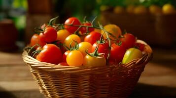 ai generado cesta lleno con multi de colores Cereza Tomates en detallado cerca ver foto