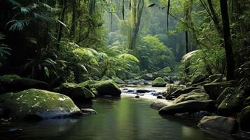 AI generated A rainforest with green vegetation and colorful flowers and a sunny sky photo