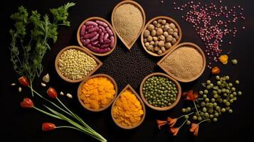 AI generated Symmetric presentation of diverse lentils and pulses photo