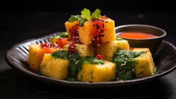 AI generated Close view of a tempting plate with dhokla and chutney side photo