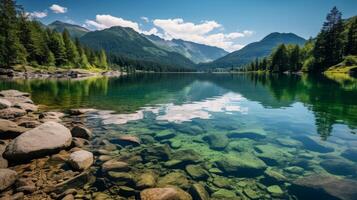 ai generado tranquilo lago paisaje con reflexiones y montañas foto