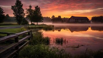 AI generated Tranquil farm pond at the break of dawn photo