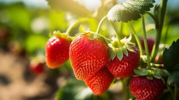 ai generado Fresco rojo fresas en verde plantas en un granja foto