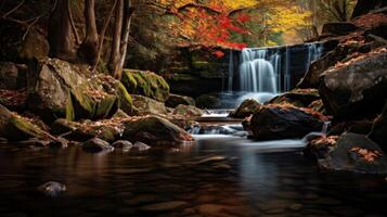 AI generated Peaceful waterfall and fall foliage in autumn colors photo