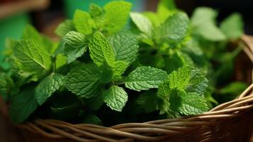 ai generado tejido cesta rebosante con aromático menta hojas foto