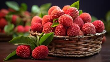 AI generated Abundant basket of delicious, fresh lychees photo