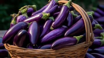 AI generated Basket brimming with shiny purple aubergines photo