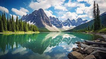 ai generado imponente montaña picos y pintoresco lago en naturaleza foto