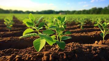 AI generated Meticulously arranged soybean seedlings in straight and orderly rows photo