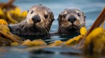 ai generado un par de curioso mar nutrias flotante en quelpo un linda y divertido escena foto