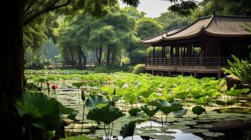 AI generated A pond with lotus flowers and green leaves on the water and a blue sky above photo