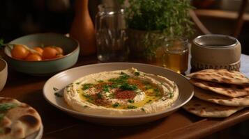 ai generado medio oriental inspirado desayuno untado con panes planos y hummus foto