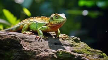 AI generated Green reptile on textured stone photo