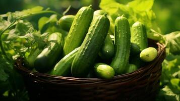 AI generated Overflowing basket of luscious and green cucumbers photo