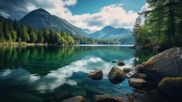 ai generado tranquilo lago paisaje con reflexiones y montañas foto