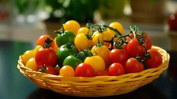 ai generado cerca arriba de Cereza Tomates en varios matices presentado en un cesta foto