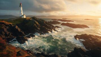 AI generated A majestic and impressive lighthouse on a rugged coast with a cloudy sky and a misty sea photo