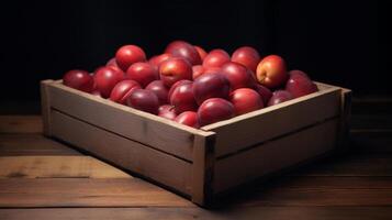 AI generated Wooden crate filled with luscious and juicy ripe pluots photo