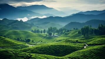 ai generado un té plantación con brumoso montañas y verde campos foto