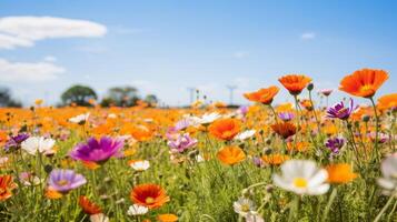 ai generado prado lleno con flores silvestres a pico floración foto