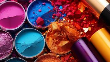 AI generated A macro shot of colorful makeup products, with a contrast between the matte and glossy finishes photo