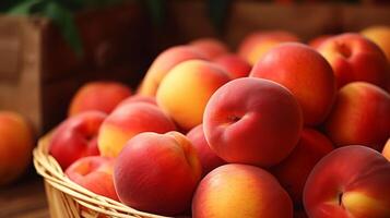 AI generated Ripe nectarines in a woven basket, close up view photo