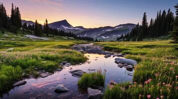 ai generado reflexiones de majestuoso montañas y hojas perennes bosques en el calma agua de un escénico alpino lago foto