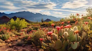 ai generado un Desierto paisaje con floreciente cactus y flores silvestres en varios colores foto