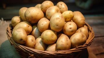 AI generated Abundant basket of small baby potatoes photo