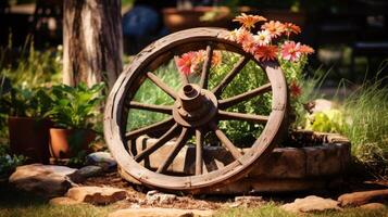 AI generated Decorative use of an antique plow wheel in a garden setting photo