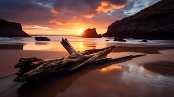 AI generated Tranquil beach in nature with golden sky and sea at sunset background photo