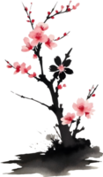 ai généré Cerise fleur fleur bifurquer, dessin de une Cerise fleur fleur branche en utilisant le Japonais coup de pinceau technique. png