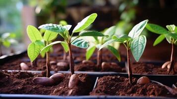 ai generado joven cacao plantas mostrando prometedor cacao vaina crecimiento foto