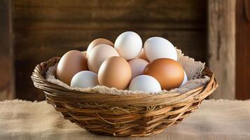 AI generated Rustic basket filled with farm fresh and wholesome eggs photo