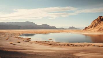 AI generated Barren desert landscape and surreal lake in nature scene photo