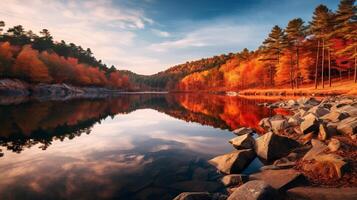 AI generated Mirrored lake with fiery autumn landscape in scenic view photo