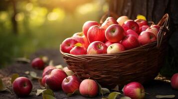 ai generado cesta rebosante con recién escogido manzanas foto