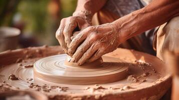 ai generado artístico alfarero creando formar en torneado rueda. foto