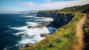 ai generado un espléndido y majestuoso costero acantilado con un panorámico ver de el Oceano y el horizonte foto