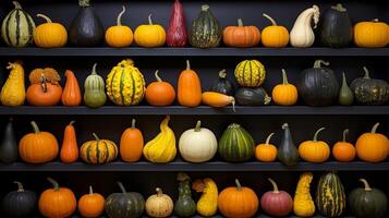 ai generado cerca arriba de un diverso y vistoso calabaza colección foto