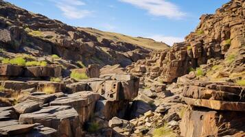 ai generado un ver de un cañón con antiguo tallas en el rocas foto