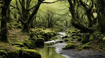 AI generated A mossy woodland with green trees and ferns and a ray of sunlight photo